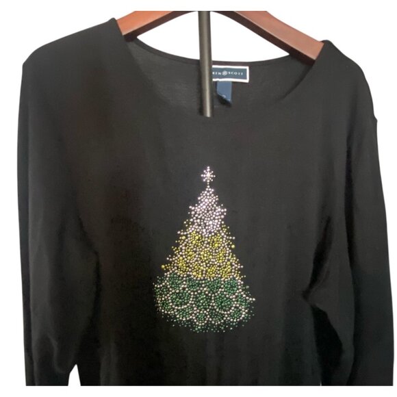 Karen Scott Black Long Sleeve Top With Rhinestone Christmas Tree Design Size XL - Picture 1 of 8